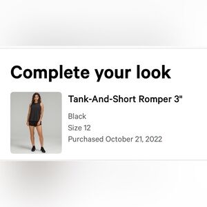Lululemon Black Tank-And-Short Romper - size 12